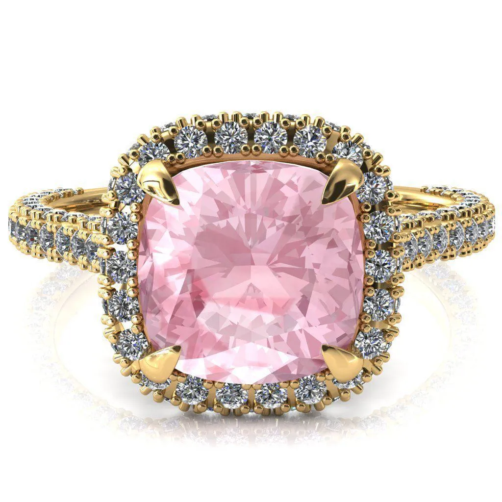Taniya Cushion Pink Sapphire 4 Claw Prong Halo 3/4 Eternity 3 Sided Diamond Shank Cathedral Engagement Ring