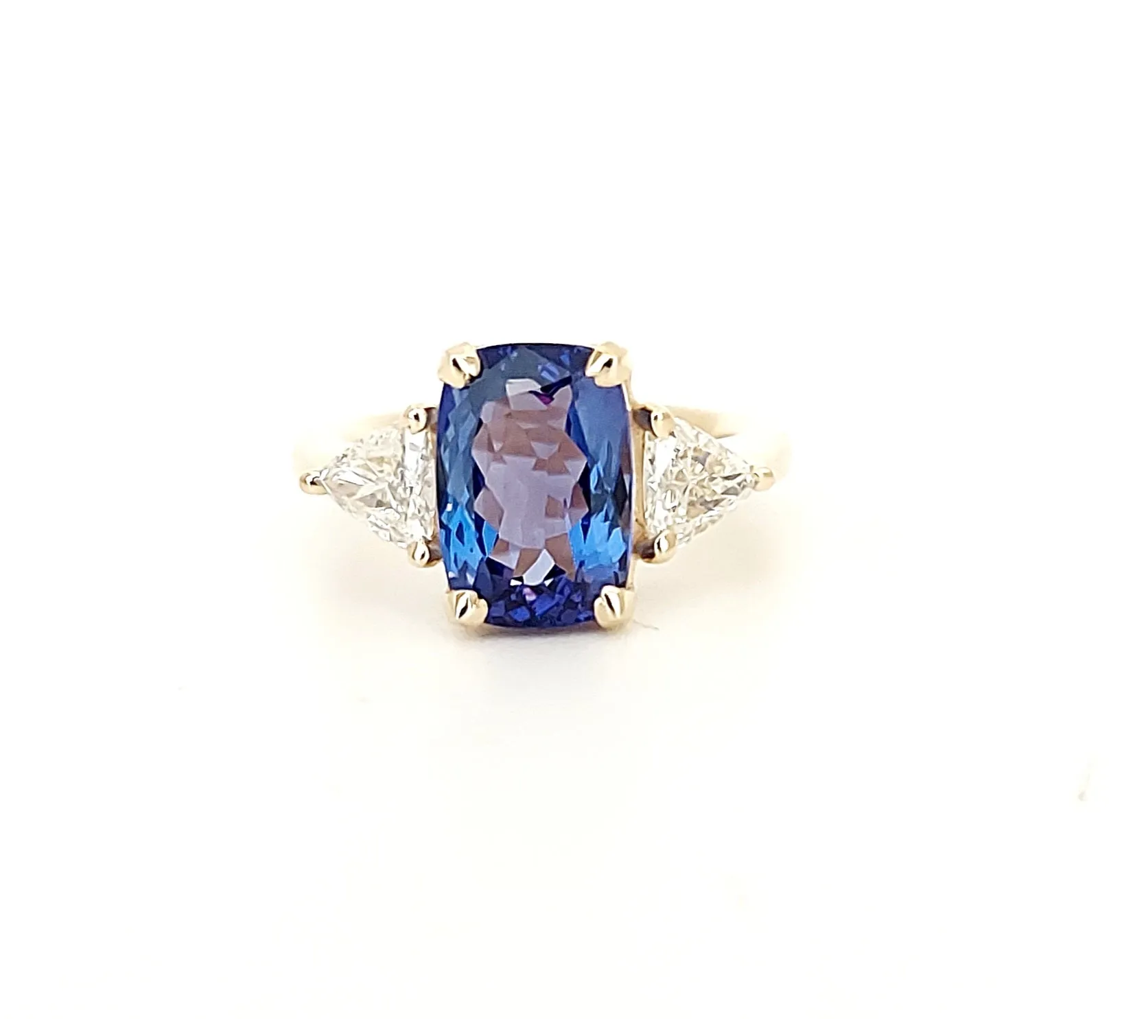 Tanzanite and Diamond Trillion Ring in 18k Yellow Gold