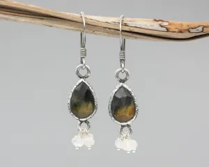 Teardrop Tiger's Eye earrings in silver bezel setting with moonstone beads on oxidized sterling silver hooks