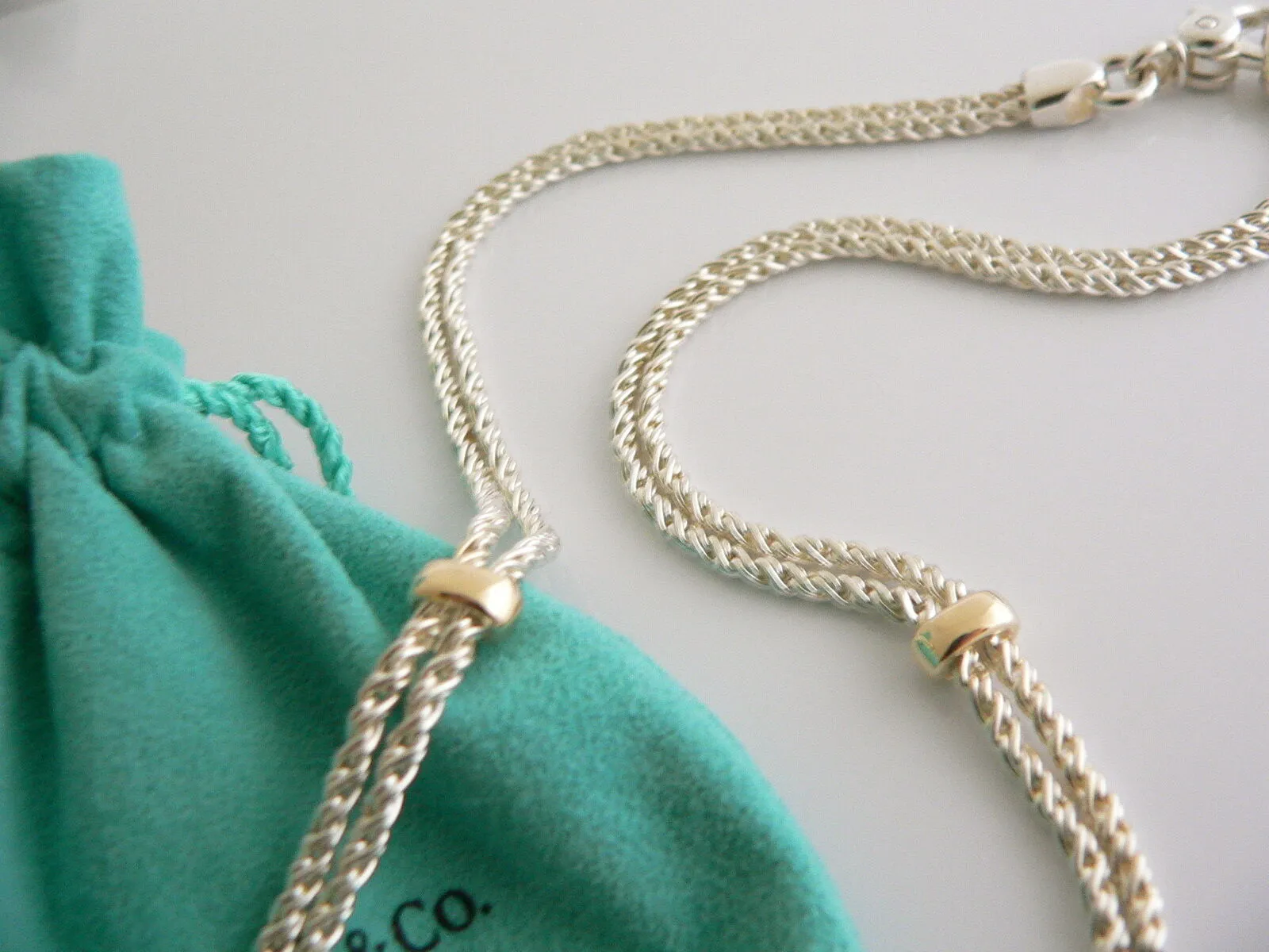 Tiffany & Co Silver 18K Gold Double Rope Sliding Puff Heart Necklace Charm Love