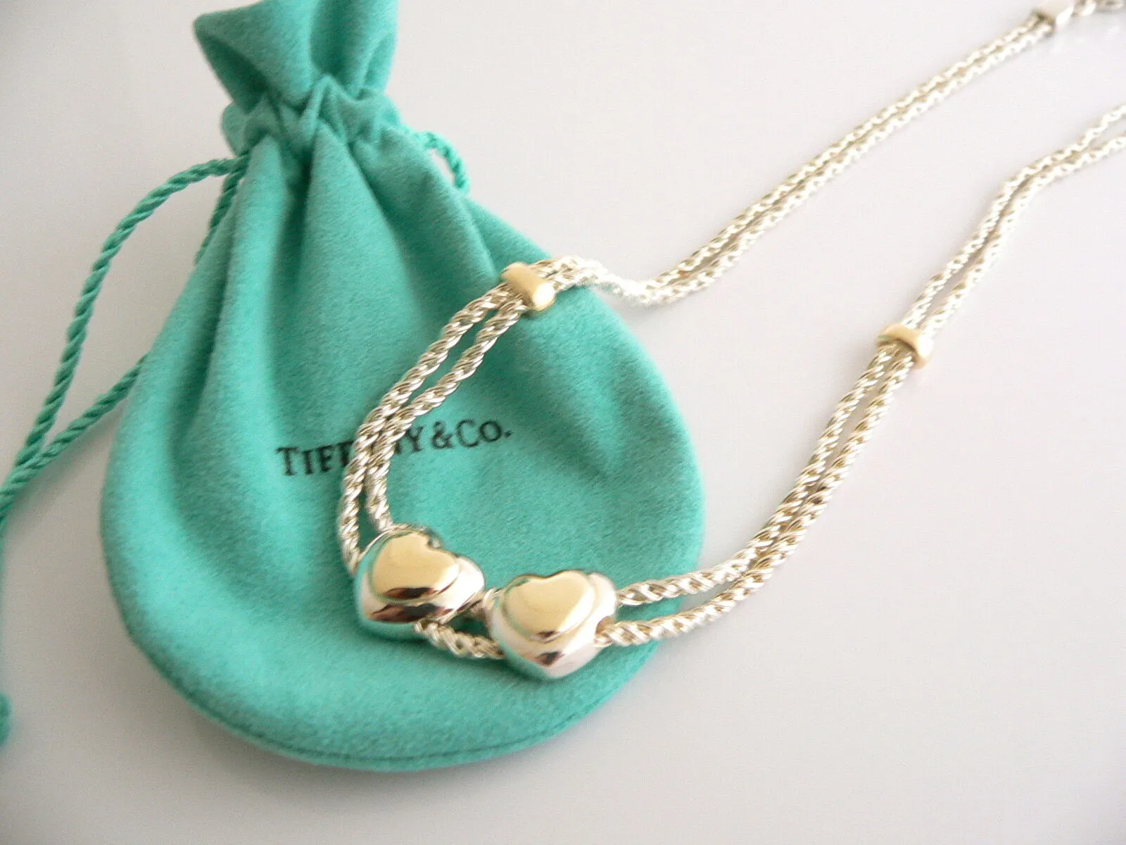 Tiffany & Co Silver 18K Gold Double Rope Sliding Puff Heart Necklace Charm Love