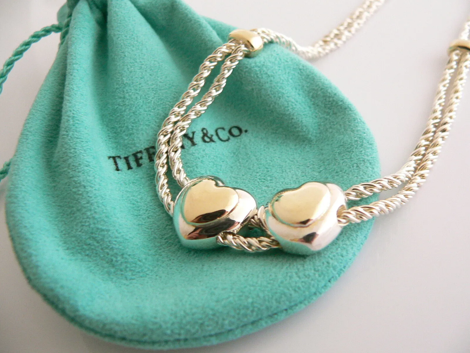 Tiffany & Co Silver 18K Gold Double Rope Sliding Puff Heart Necklace Charm Love