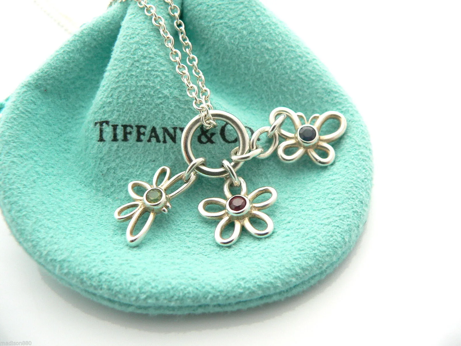 Tiffany & Co Silver Flower Butterfly Dragonfly Necklace Pendant Gemstone Gift