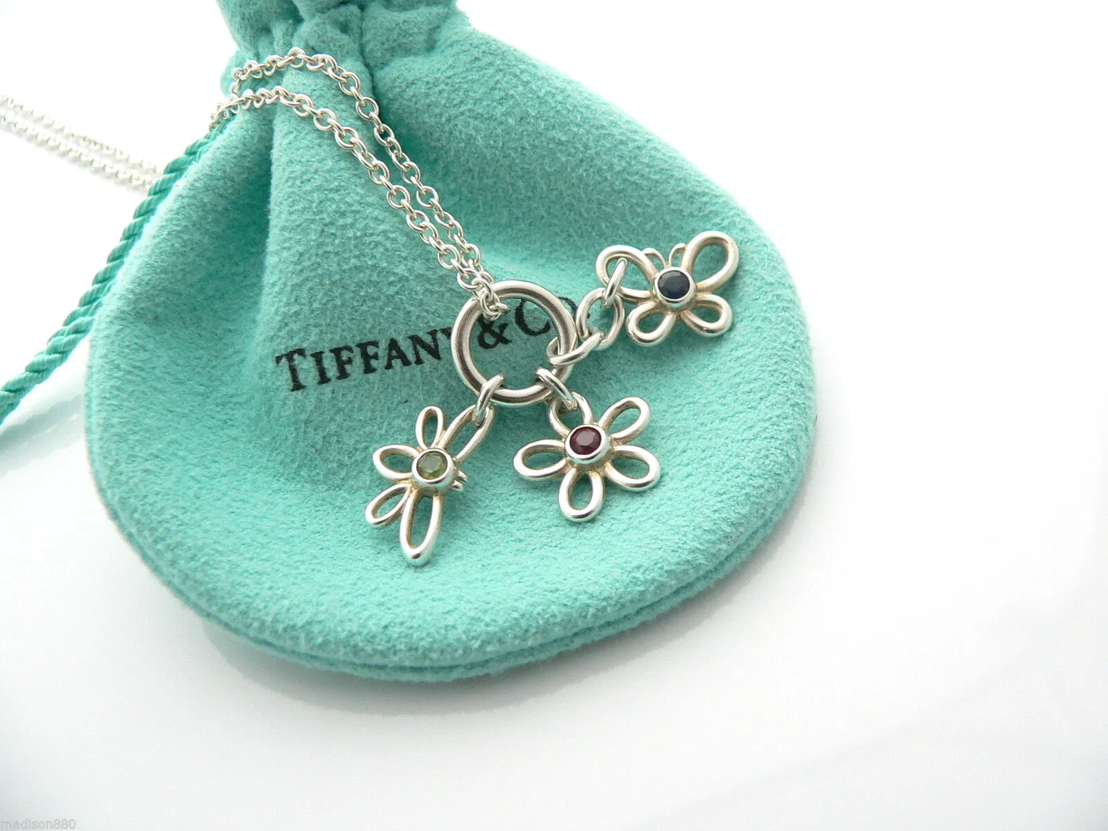 Tiffany & Co Silver Flower Butterfly Dragonfly Necklace Pendant Gemstone Gift