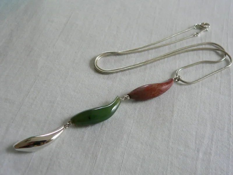 Tiffany & Co Silver Gehry Fish Jade Wood Triple Dangle Necklace Pendant Gift Art