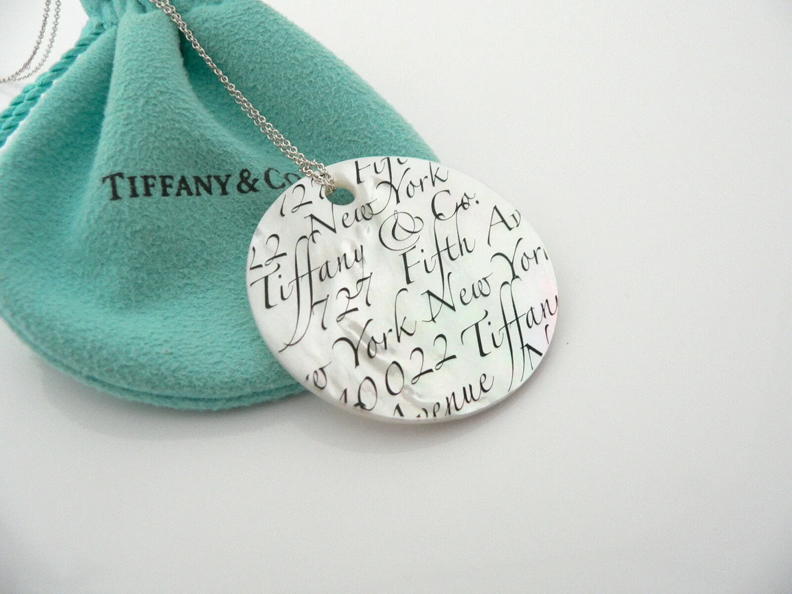 Tiffany & Co Silver Mother Pearl Necklace Notes Charm 20 In Chain Gift Pouch Art