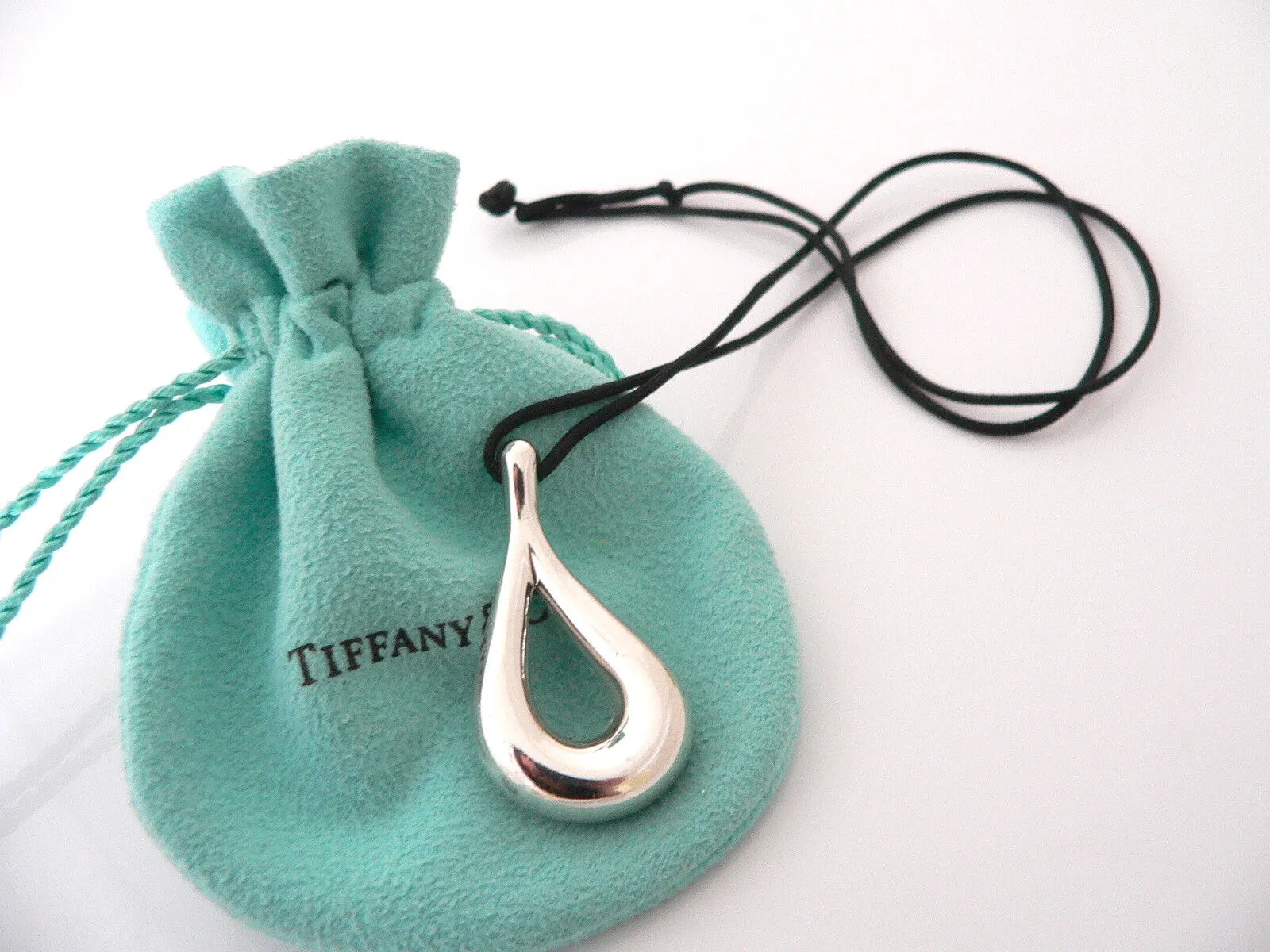 Tiffany & Co Teardrop Necklace Tear Drop Charm Pendant Black Silk Cord Silver Love Gift Art TCo