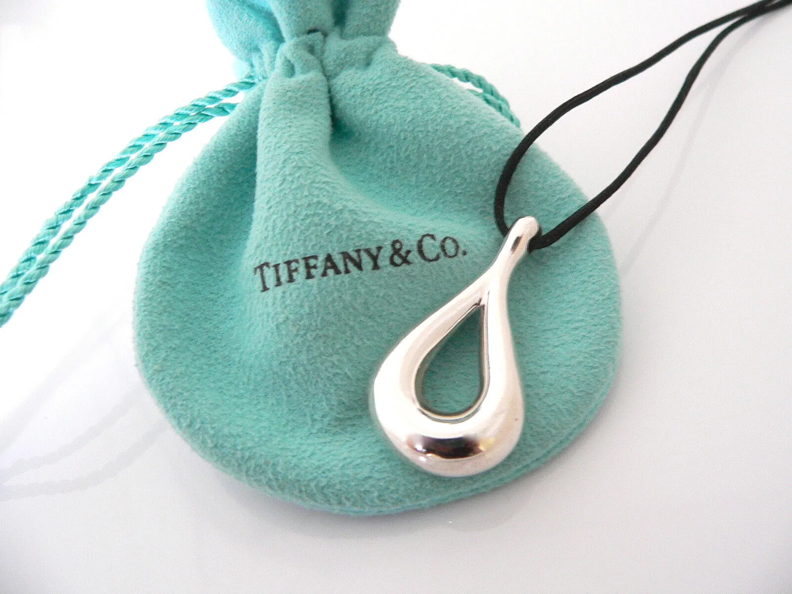 Tiffany & Co Teardrop Necklace Tear Drop Charm Pendant Black Silk Cord Silver Love Gift Art TCo