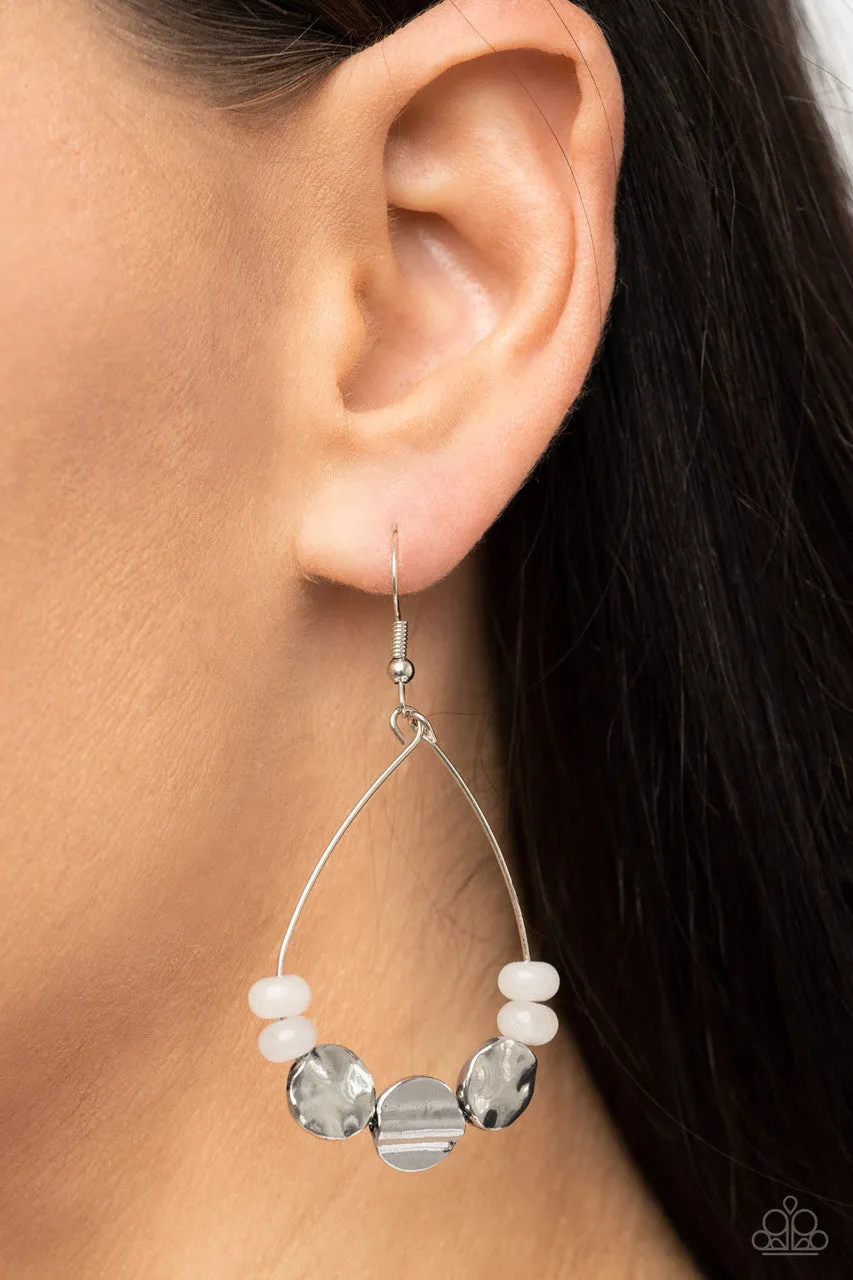 Tigris Treasure - White - Stone Bead Hammered Silver Disc Paparazzi Fishhook Earrings