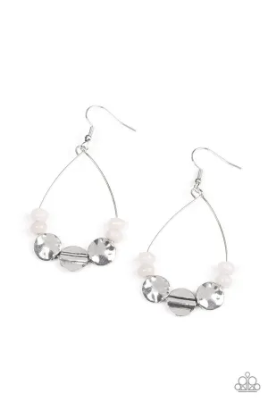 Tigris Treasure - White - Stone Bead Hammered Silver Disc Paparazzi Fishhook Earrings