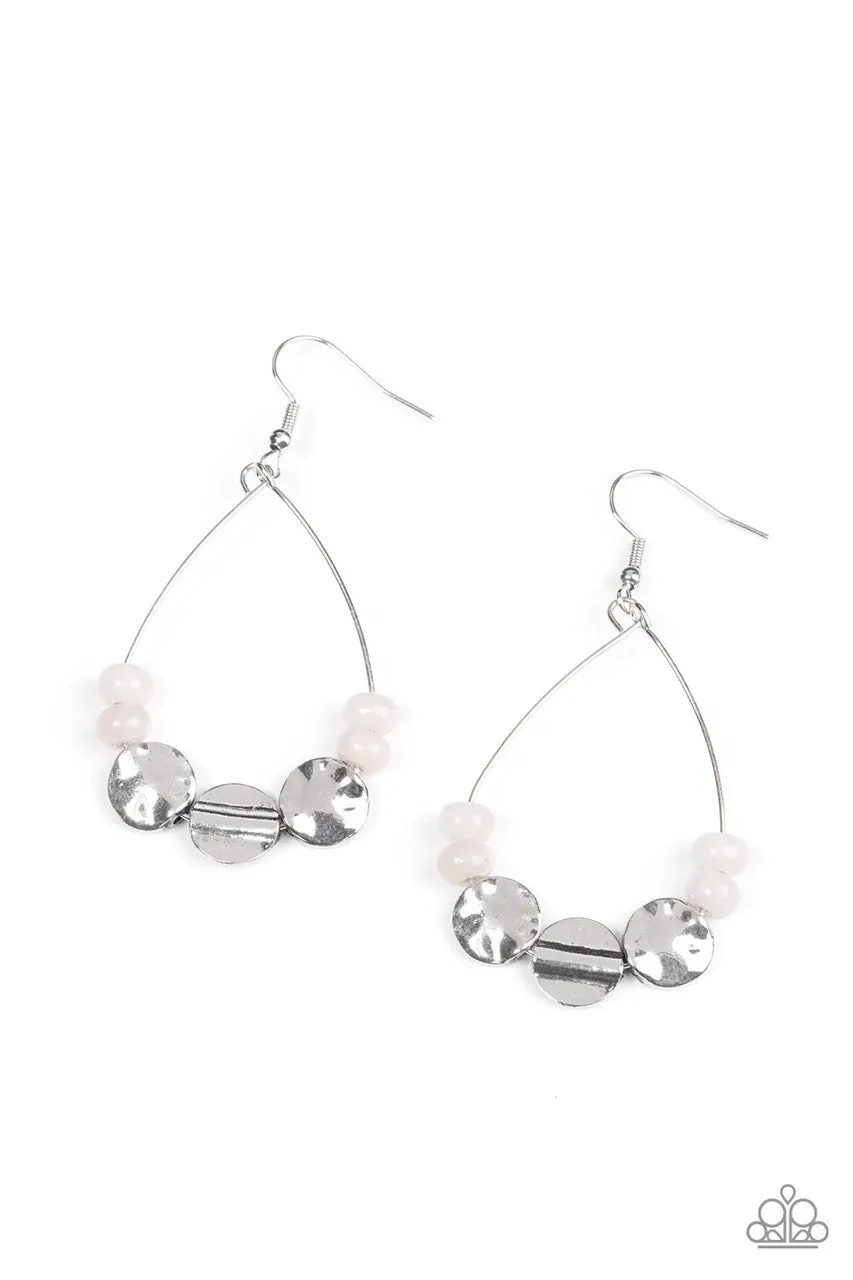 Tigris Treasure - White - Stone Bead Hammered Silver Disc Paparazzi Fishhook Earrings