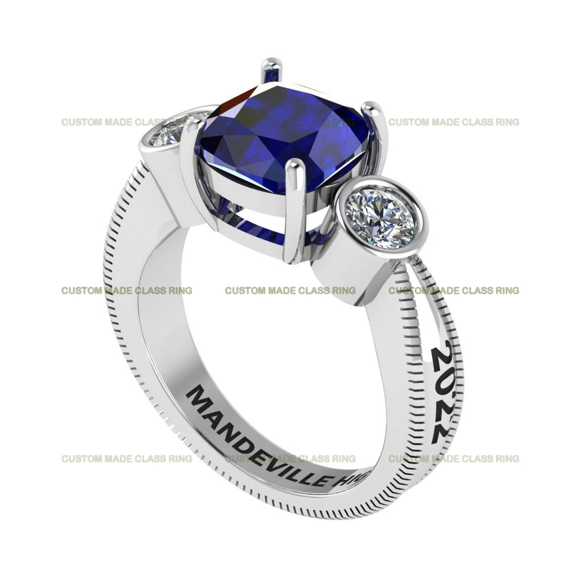 Timeless Achievement: Custom Cushion-Cut Center Stone with Round-Cut Moissanite Side Stones Class Ring