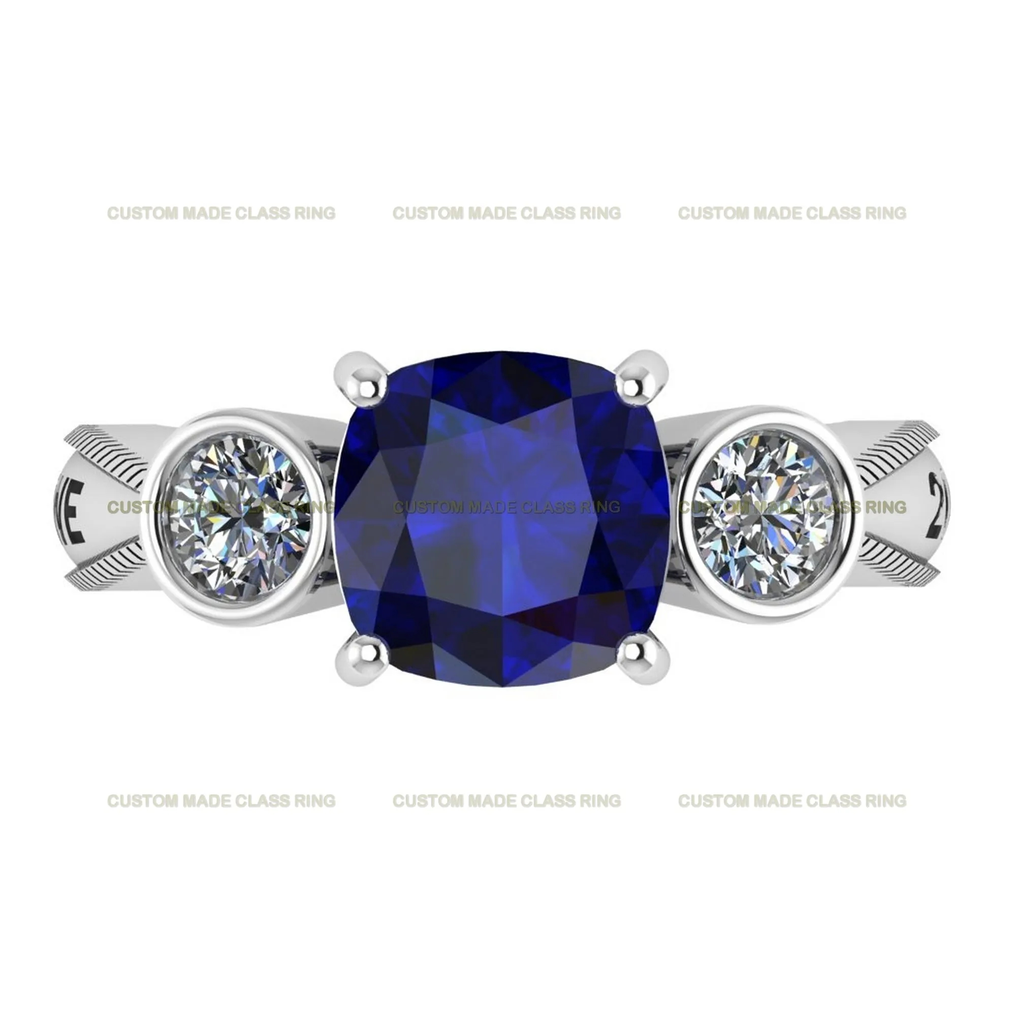 Timeless Achievement: Custom Cushion-Cut Center Stone with Round-Cut Moissanite Side Stones Class Ring