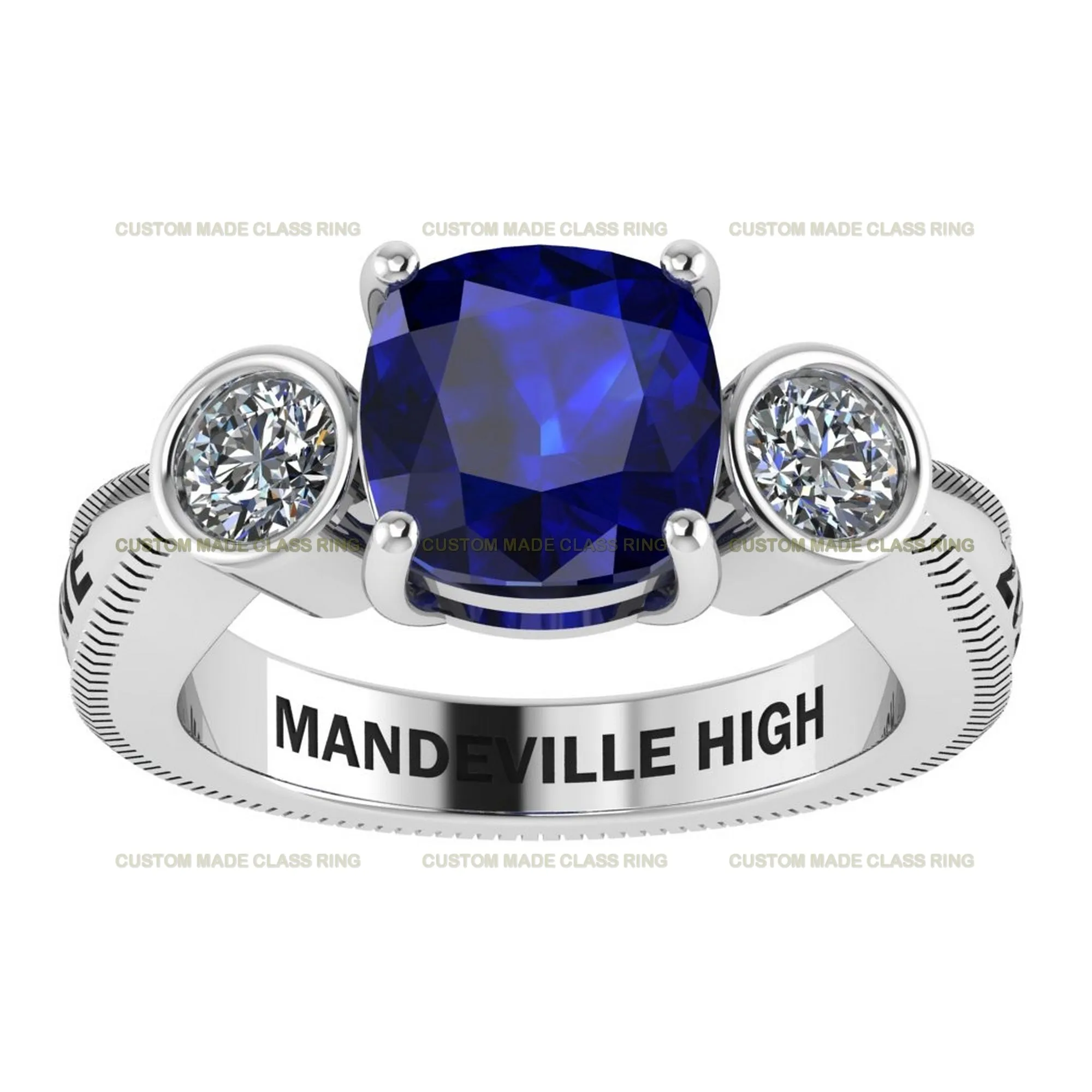 Timeless Achievement: Custom Cushion-Cut Center Stone with Round-Cut Moissanite Side Stones Class Ring