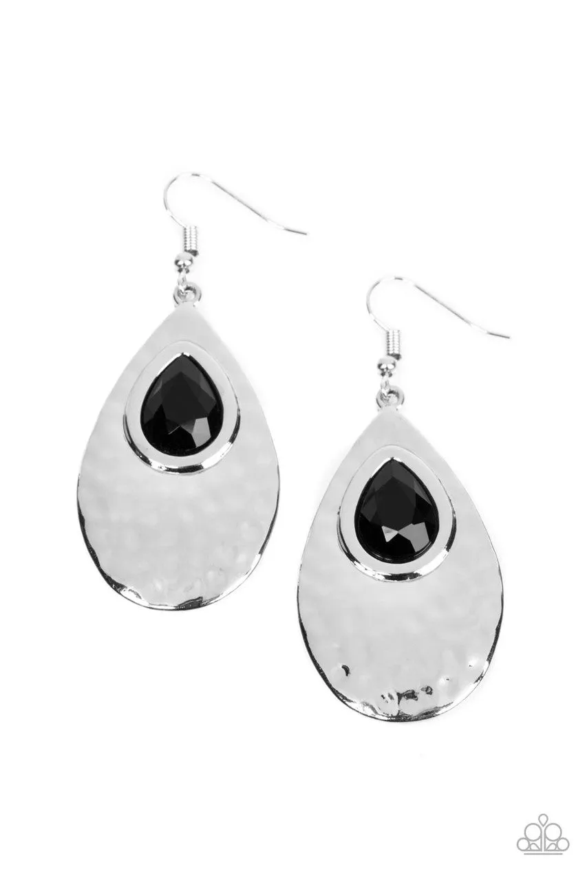 Tranquil Trove - Black - Teardrop Gem Silver Hammered Paparazzi Fishhook Earrings