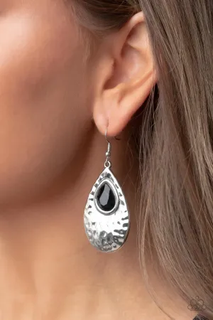 Tranquil Trove - Black - Teardrop Gem Silver Hammered Paparazzi Fishhook Earrings