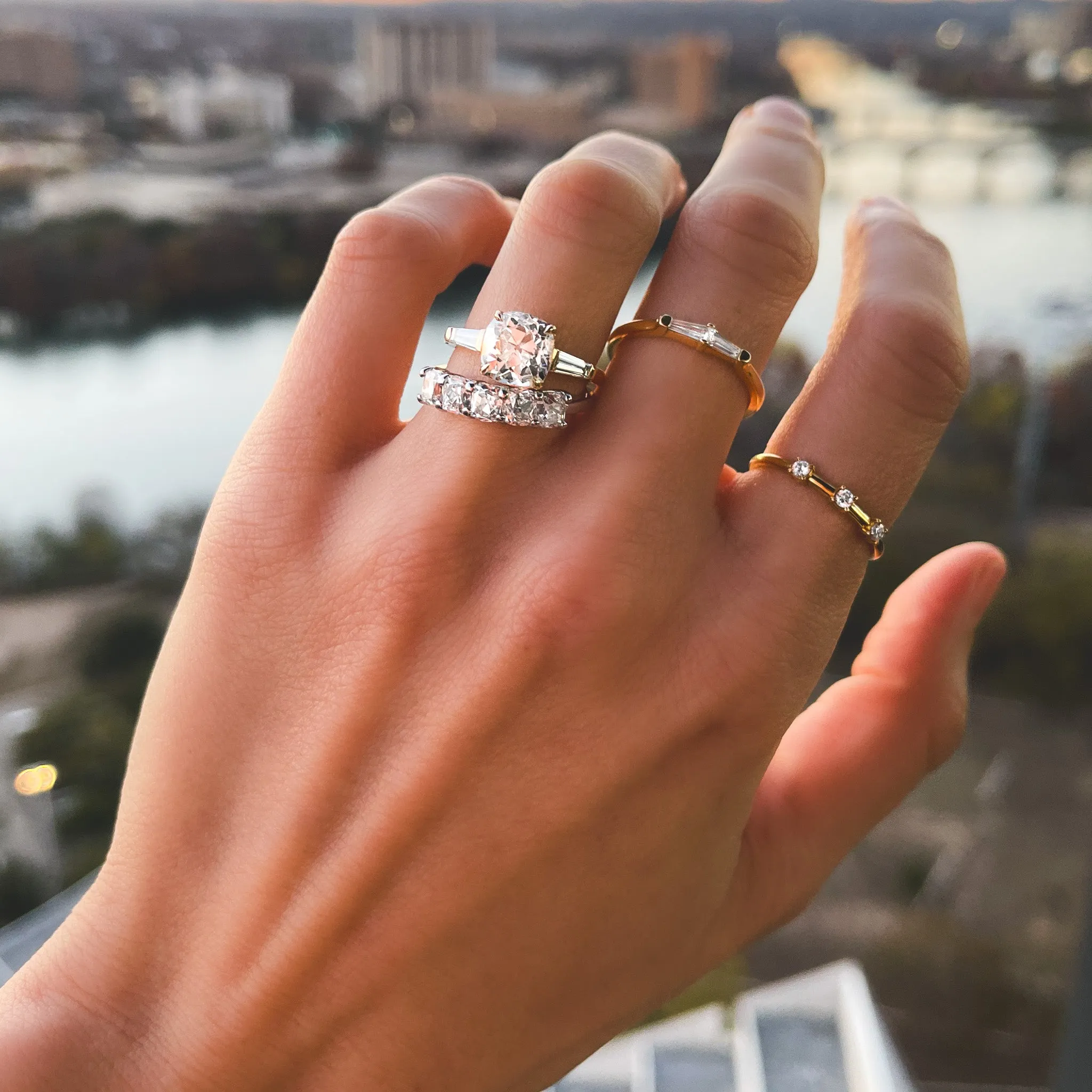 Translunar Tapered Baguette Engagement Ring With Cushion Cut Diamond