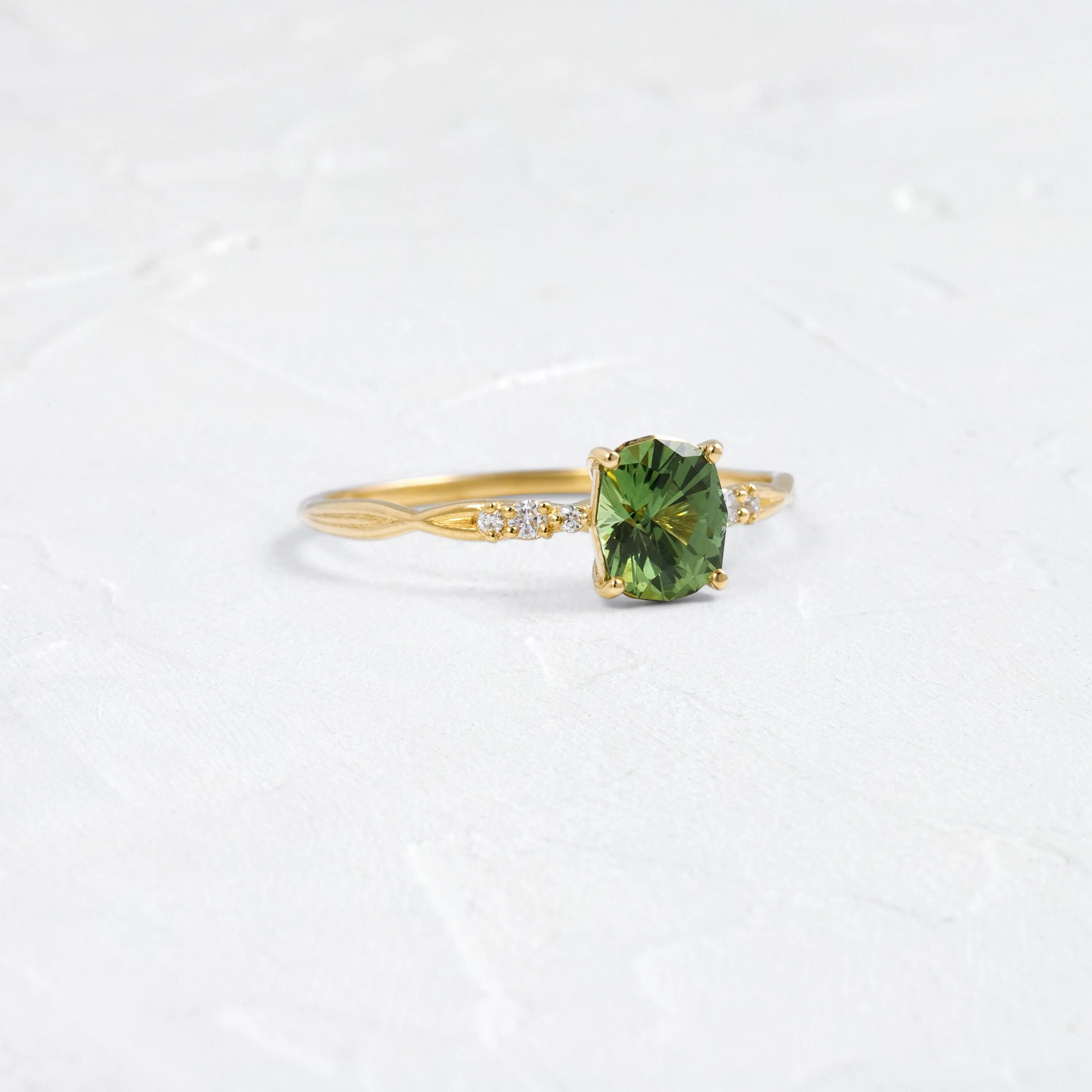 Trestle Ring, 0.91ct. Yellowish Green Thai Sapphire