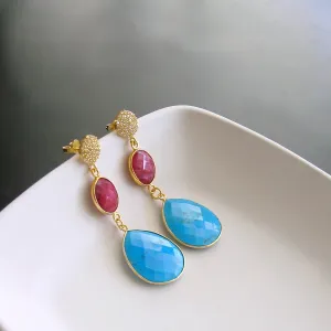 Turquoise Ruby White Sapphire Post Dangle Earrings - Roxie Earrings