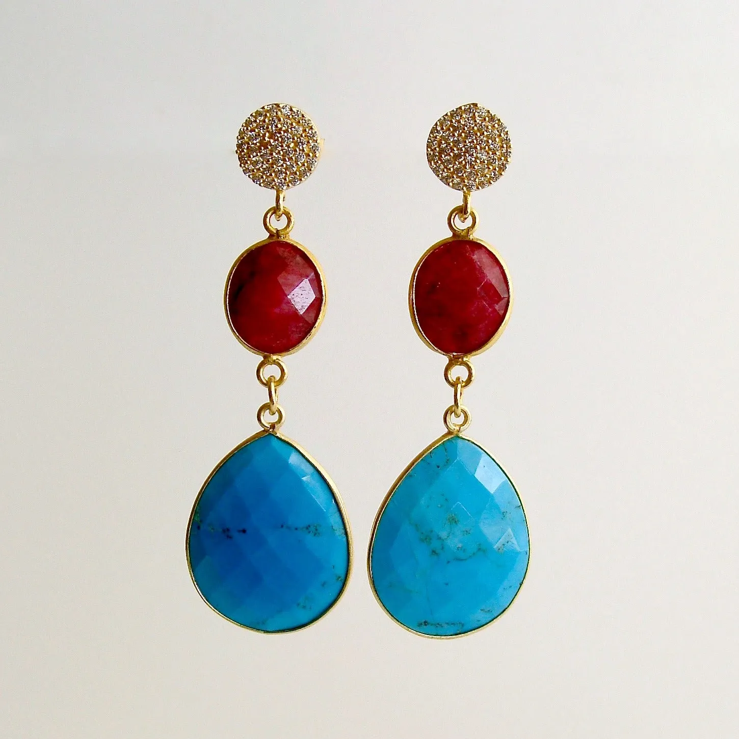 Turquoise Ruby White Sapphire Post Dangle Earrings - Roxie Earrings