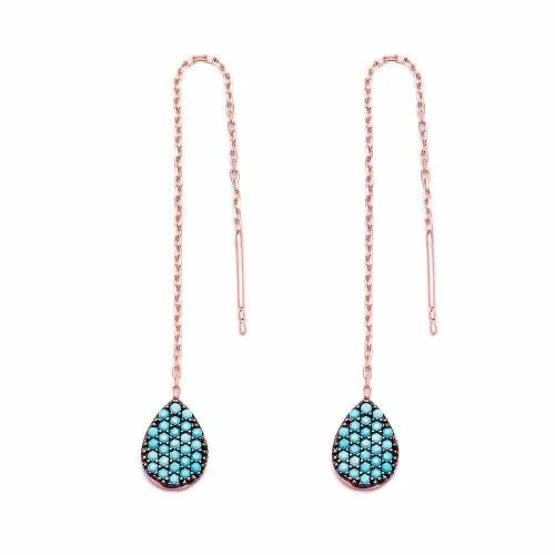 Turquoise Teardrop Thread Earrings - Sterling Silver Rose Gold Plated