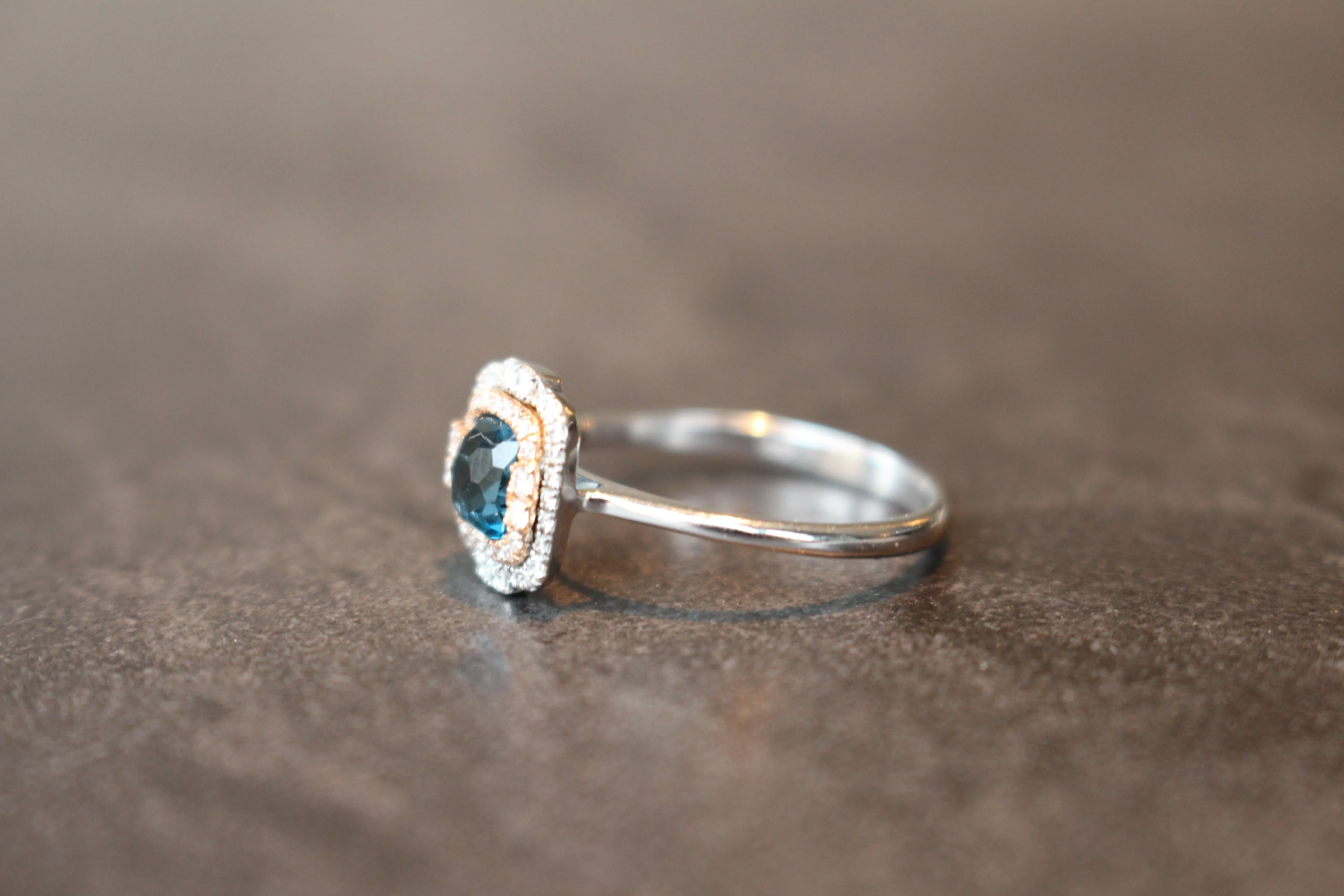 Two-Tone Double Halo Cushion Cut London Blue Topaz Fashion Ring