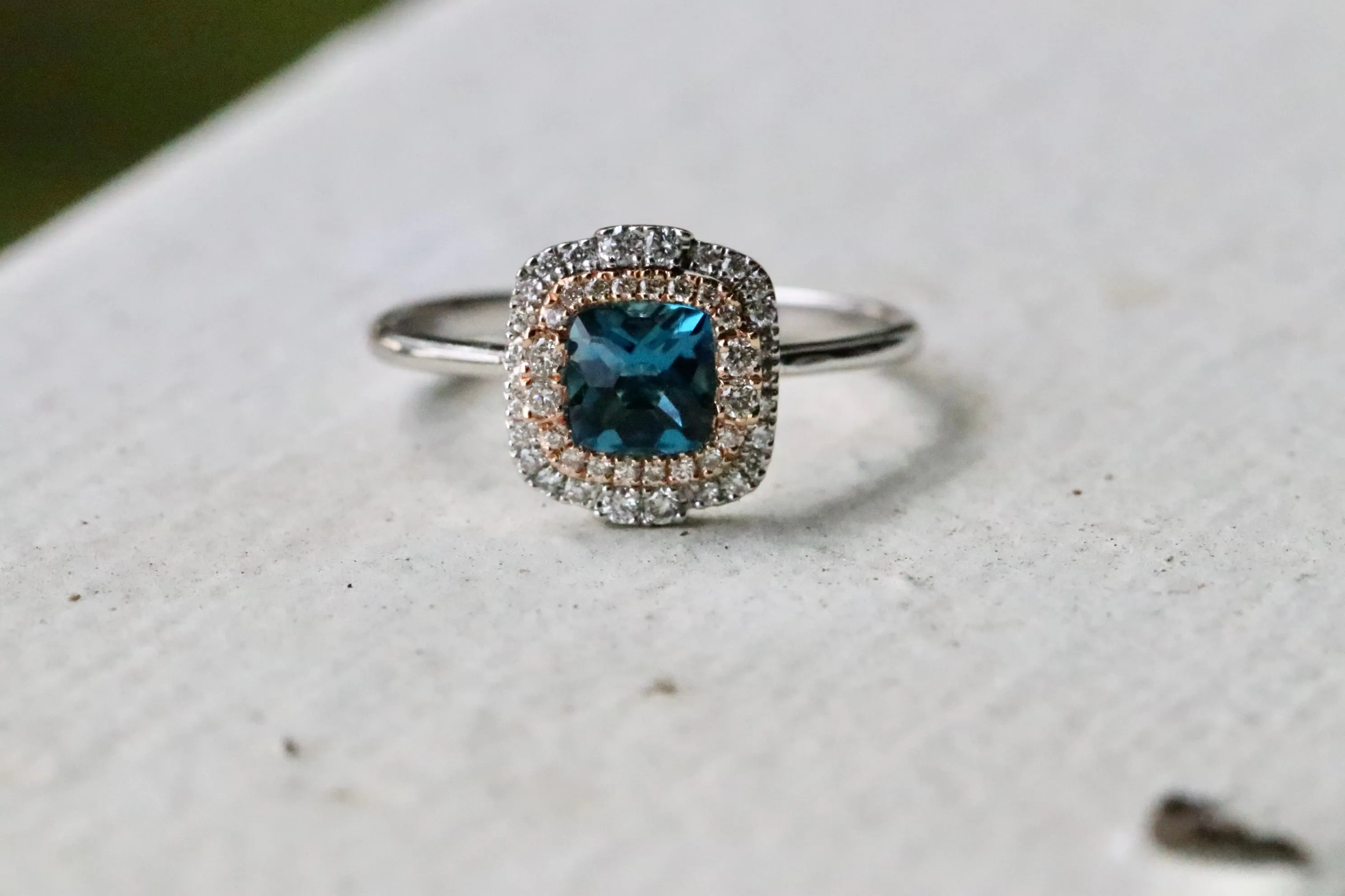 Two-Tone Double Halo Cushion Cut London Blue Topaz Fashion Ring