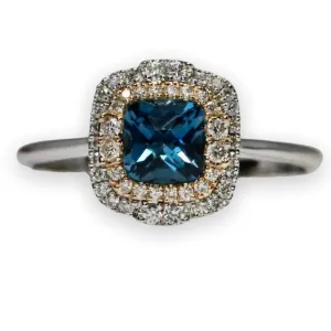 Two-Tone Double Halo Cushion Cut London Blue Topaz Fashion Ring