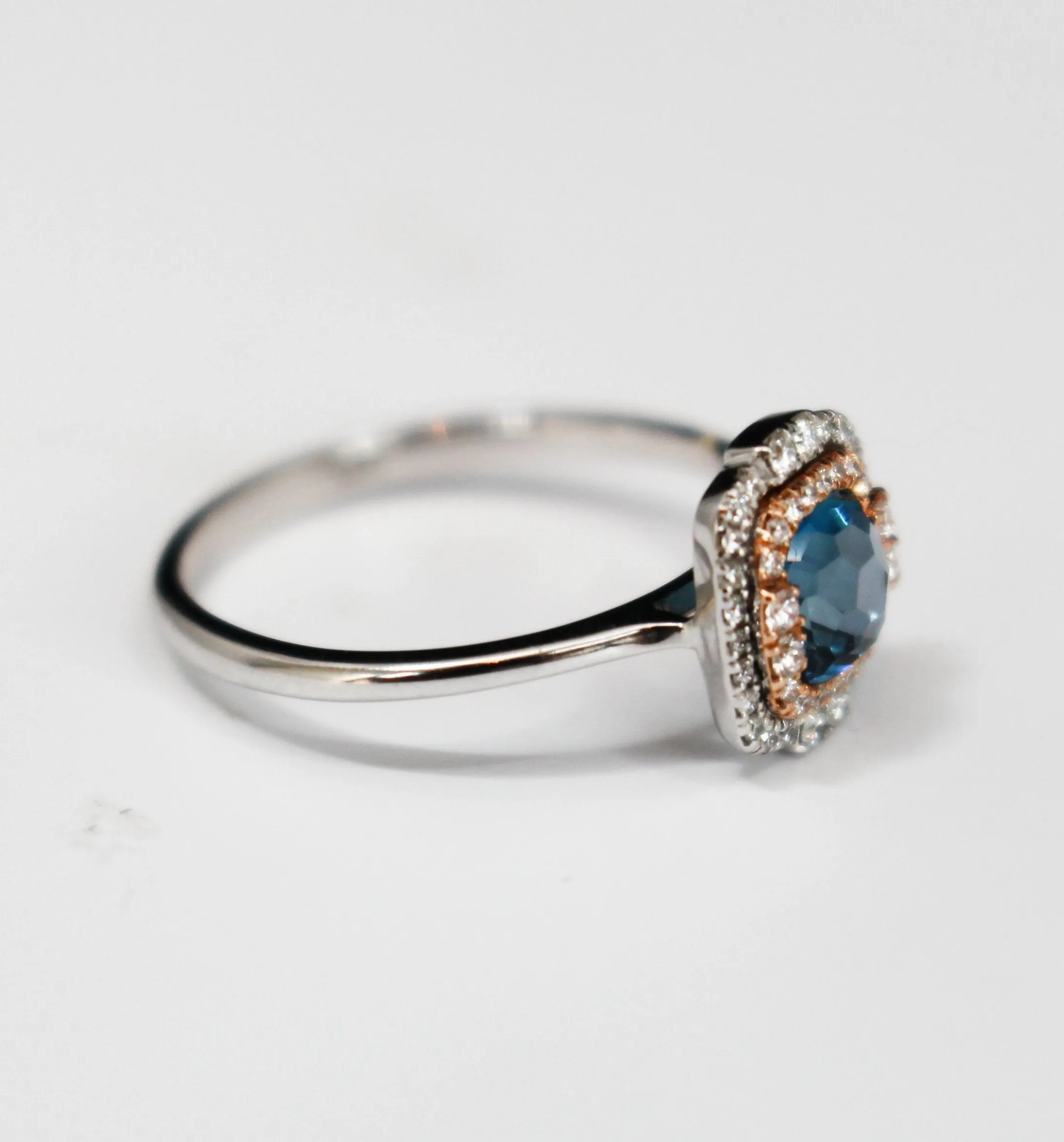 Two-Tone Double Halo Cushion Cut London Blue Topaz Fashion Ring