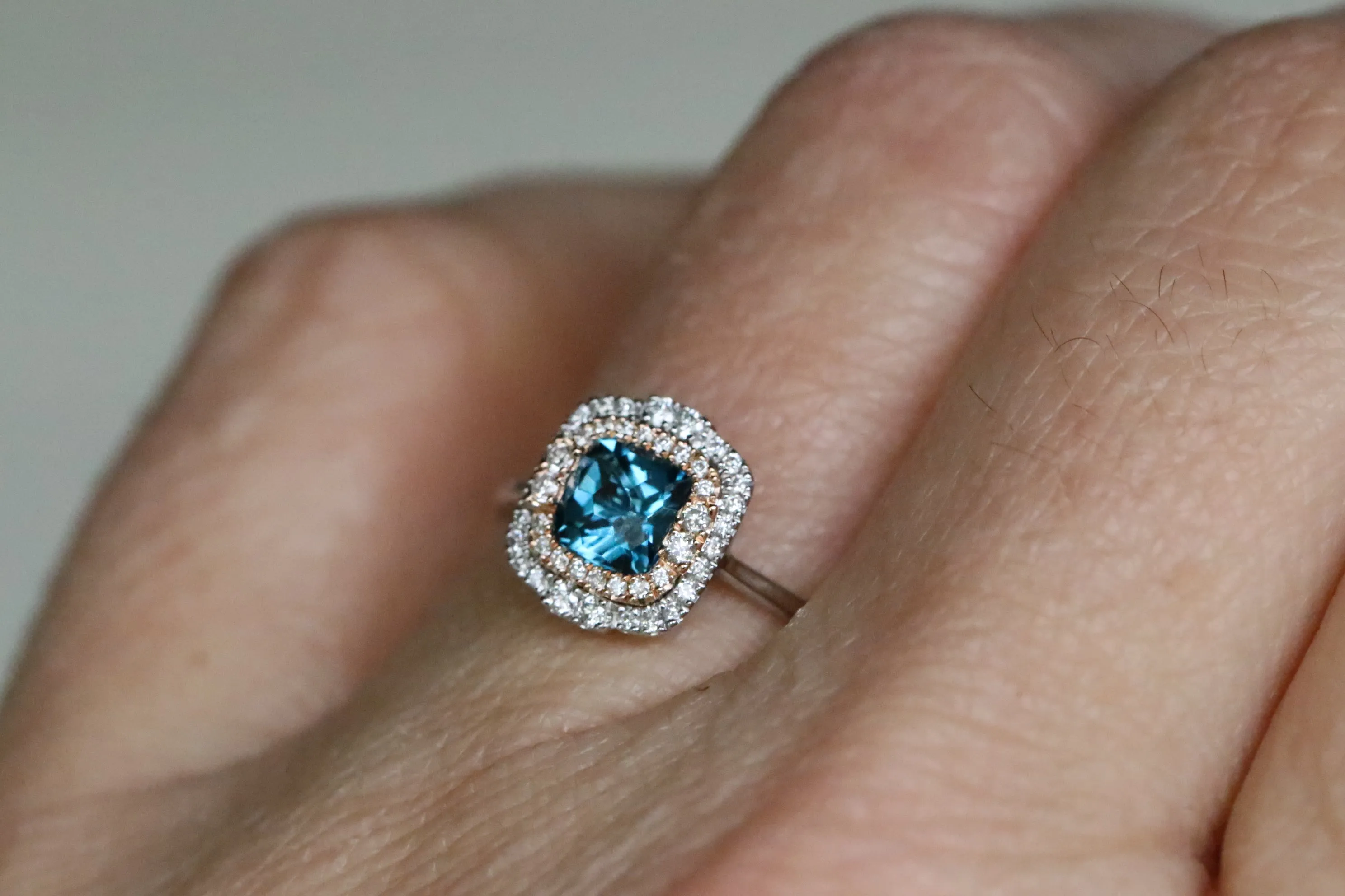 Two-Tone Double Halo Cushion Cut London Blue Topaz Fashion Ring