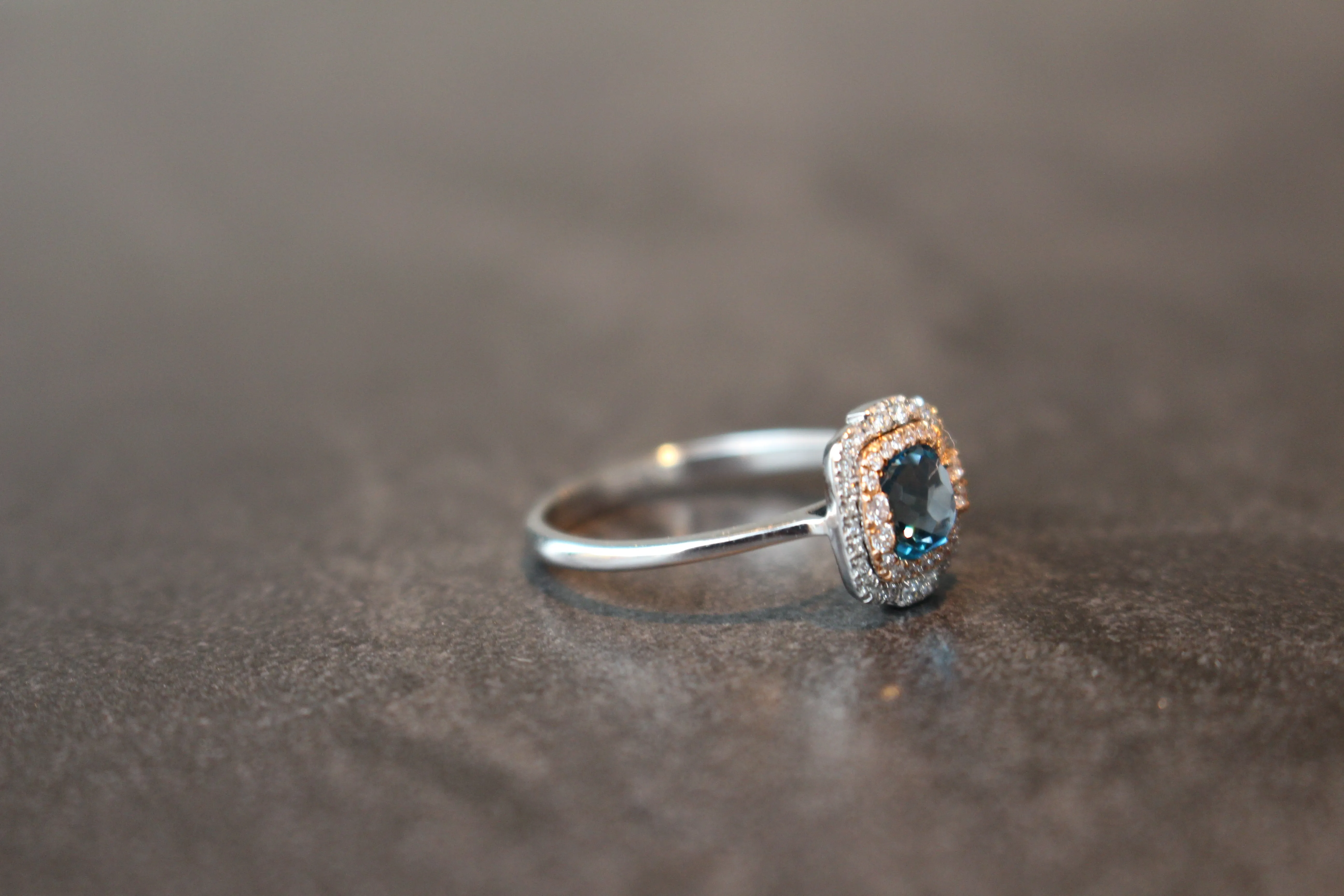 Two-Tone Double Halo Cushion Cut London Blue Topaz Fashion Ring
