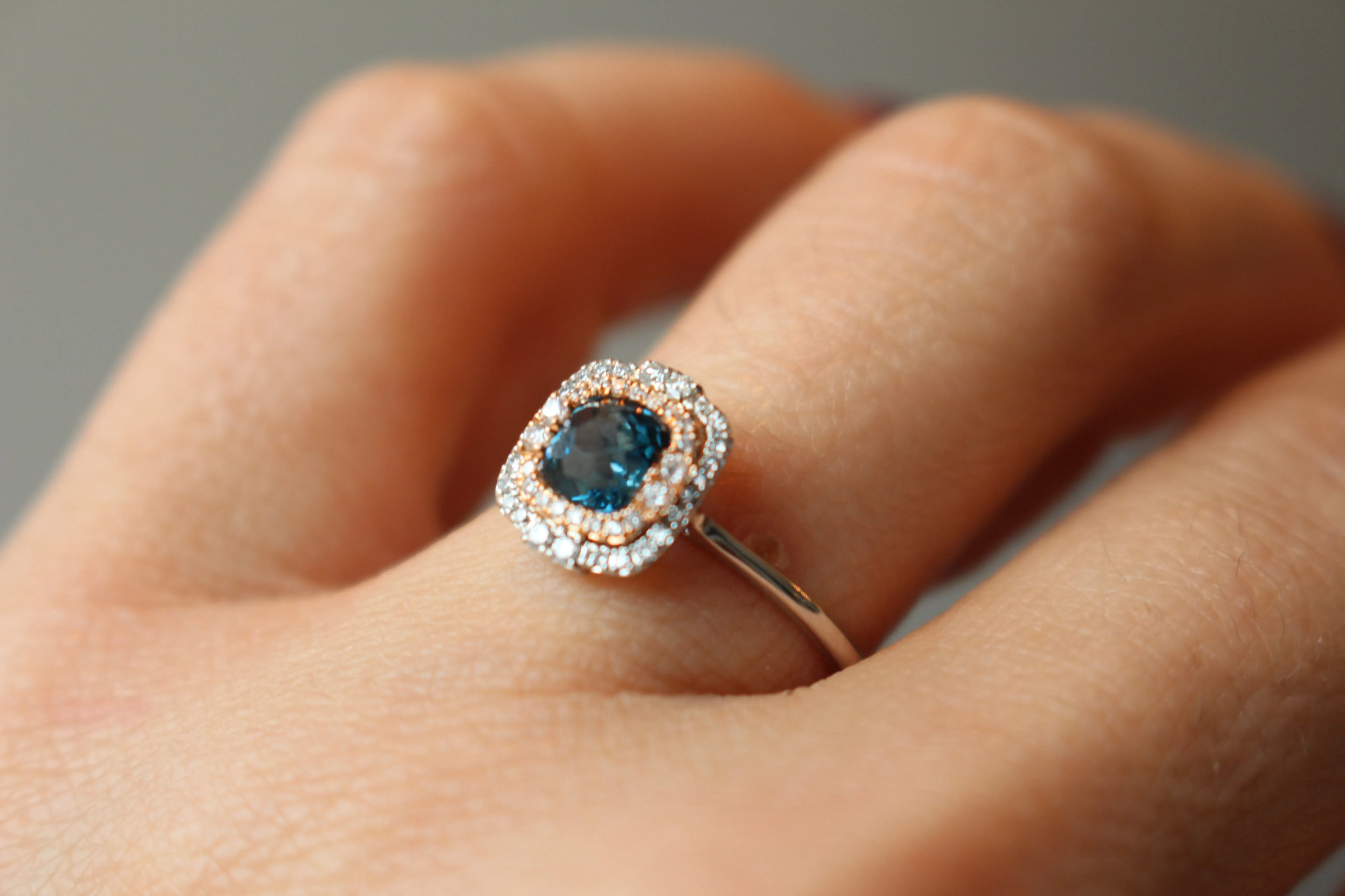 Two-Tone Double Halo Cushion Cut London Blue Topaz Fashion Ring