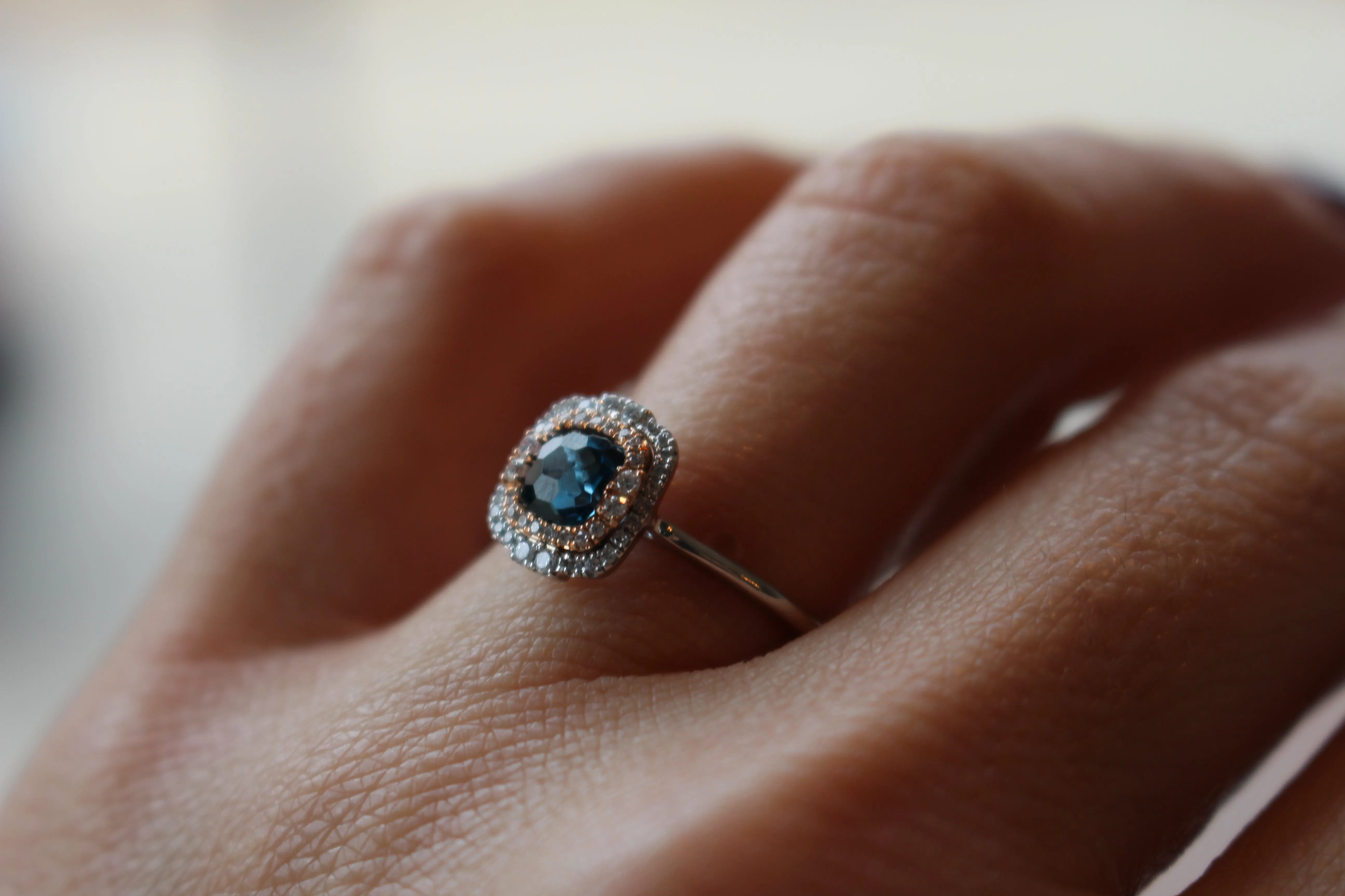 Two-Tone Double Halo Cushion Cut London Blue Topaz Fashion Ring