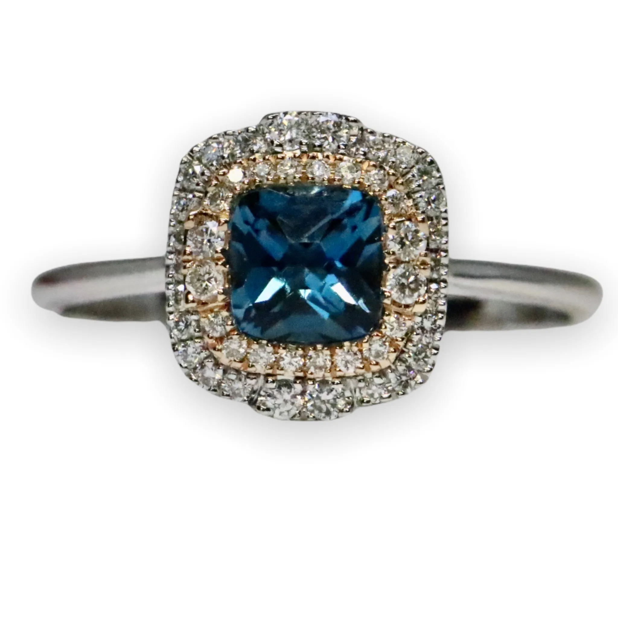 Two-Tone Double Halo Cushion Cut London Blue Topaz Fashion Ring