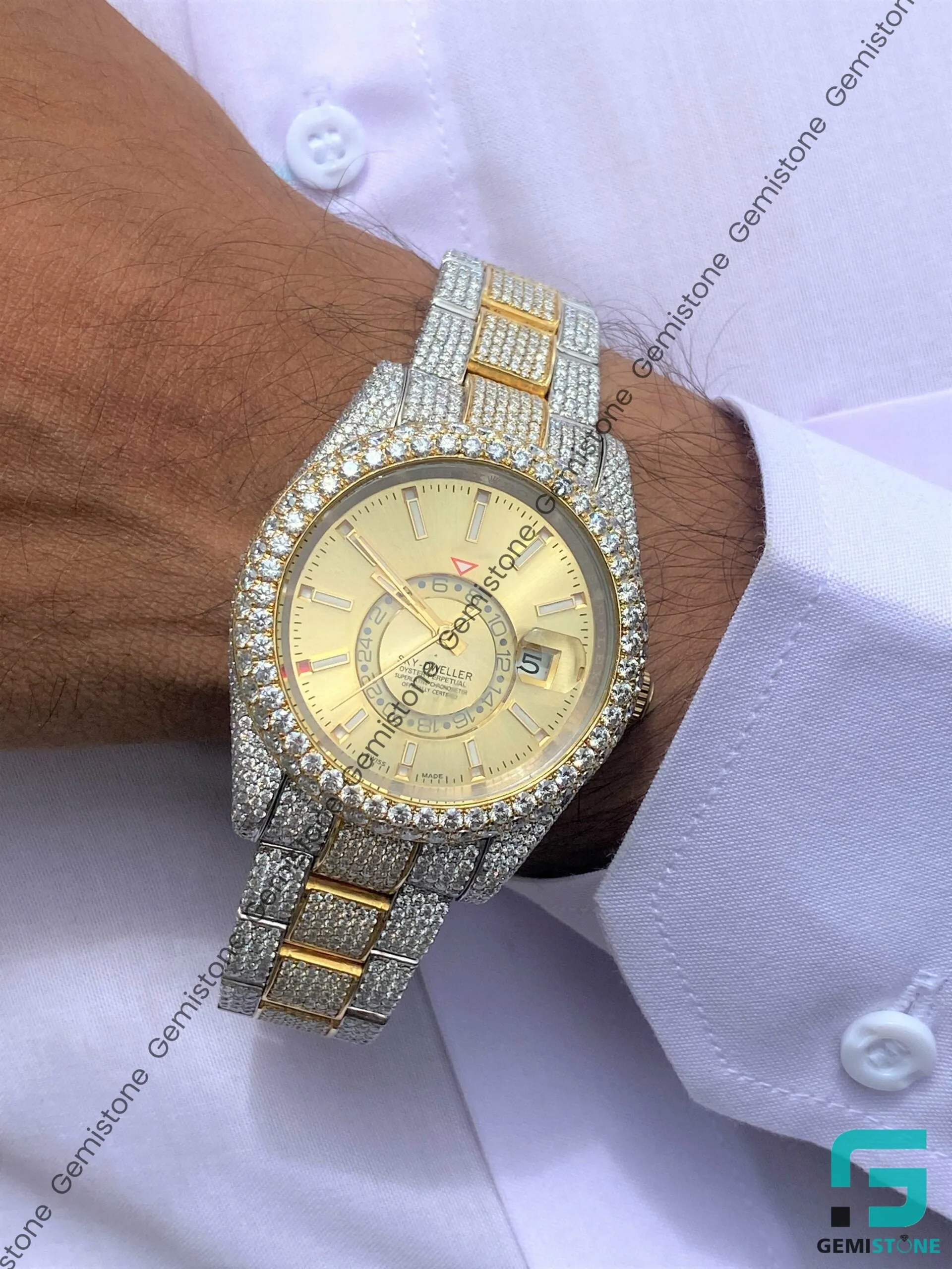 Two Tone Sky Dweller Moissanite Diamond Studded Watch