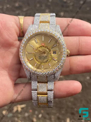 Two Tone Sky Dweller Moissanite Diamond Studded Watch
