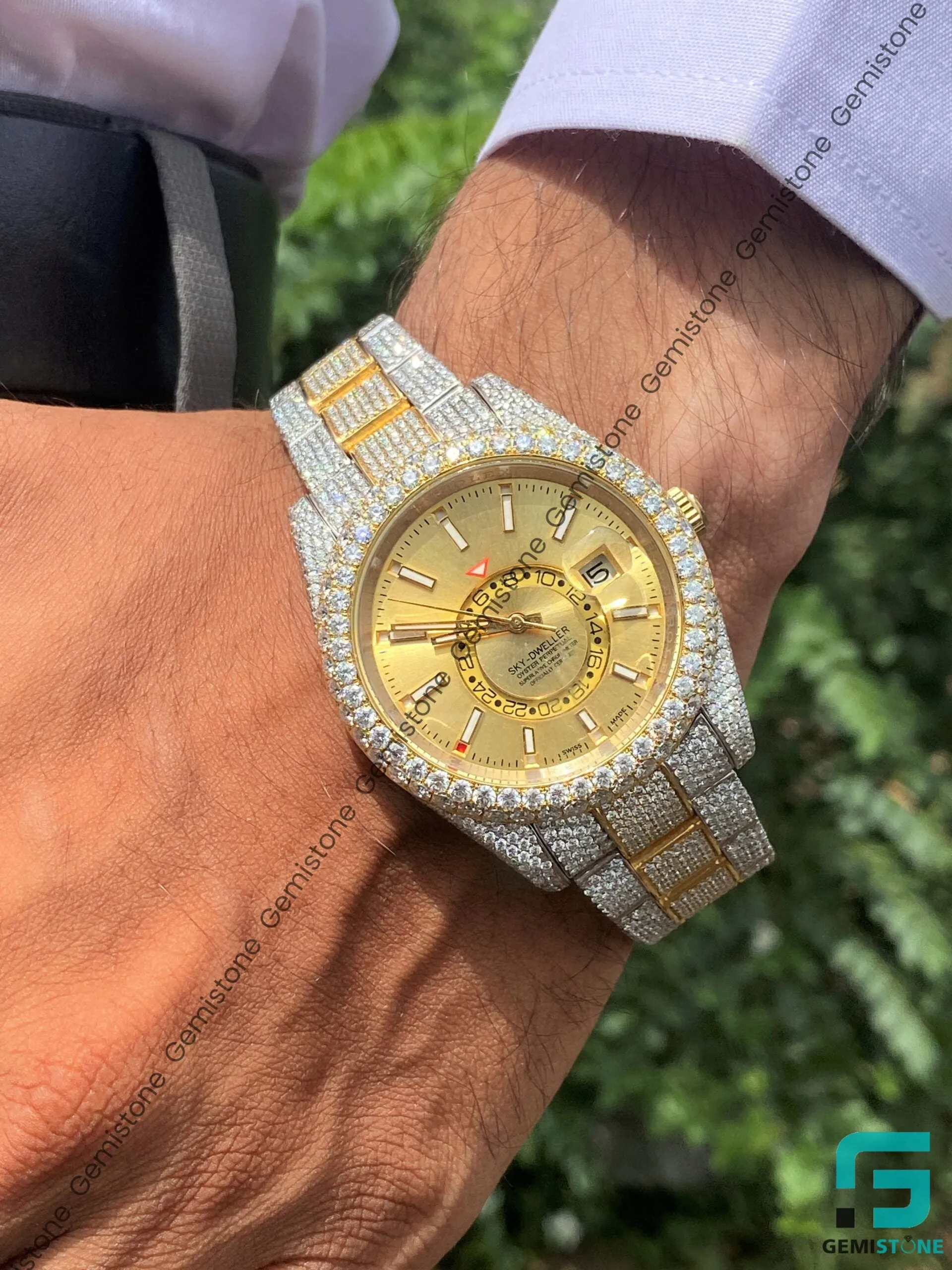 Two Tone Sky Dweller Moissanite Diamond Studded Watch