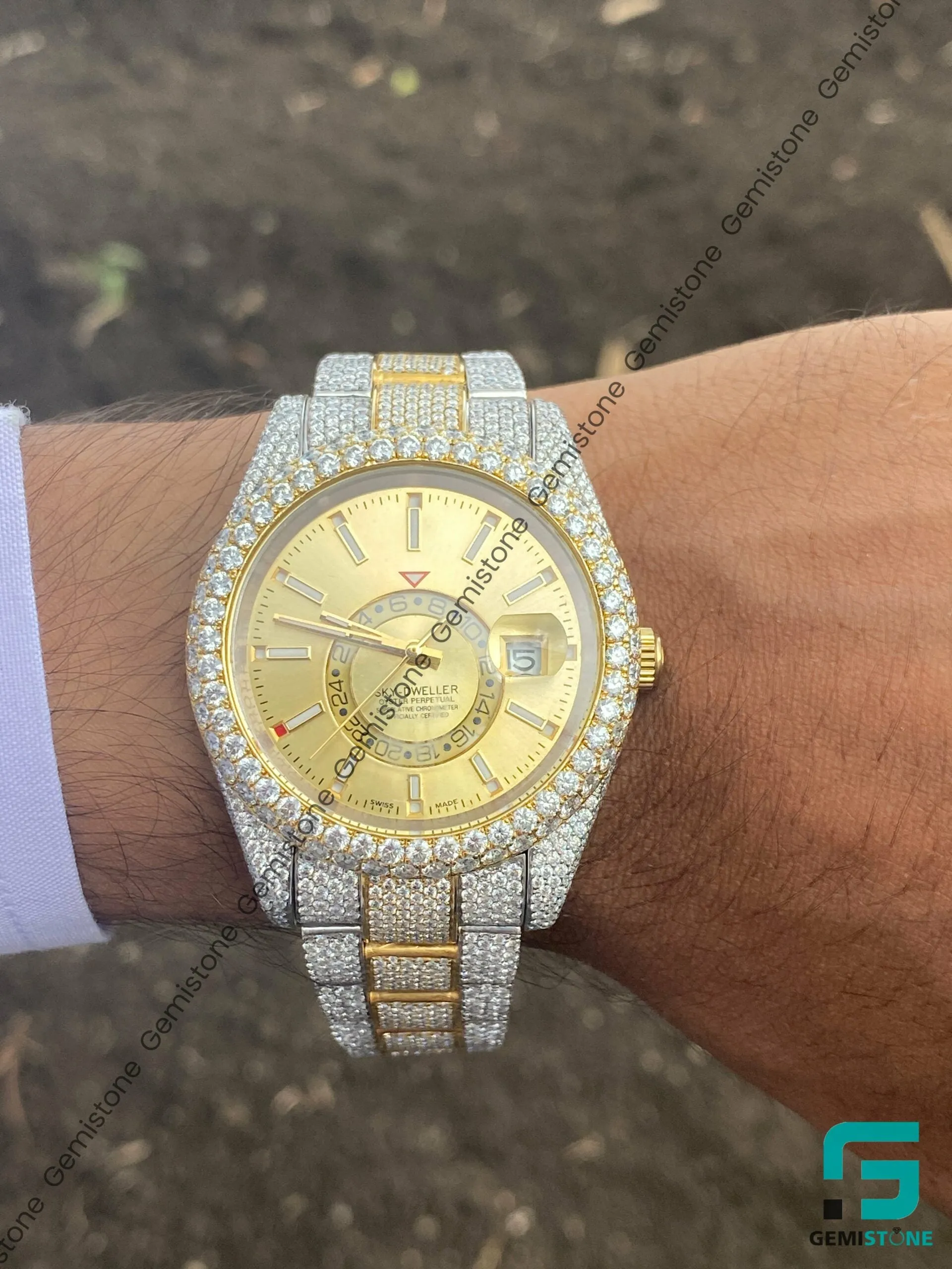 Two Tone Sky Dweller Moissanite Diamond Studded Watch