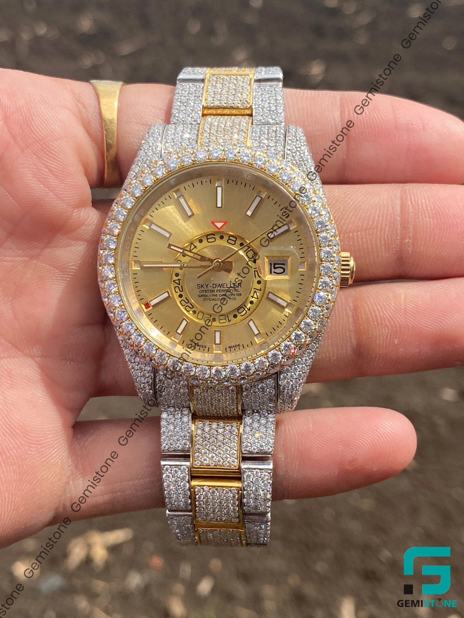 Two Tone Sky Dweller Moissanite Diamond Studded Watch