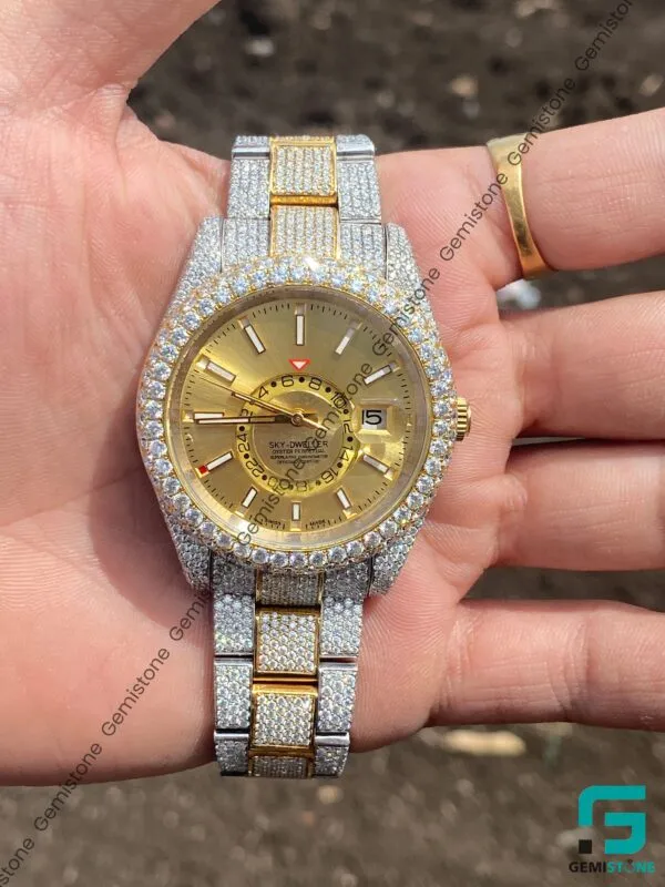 Two Tone Sky Dweller Moissanite Diamond Studded Watch