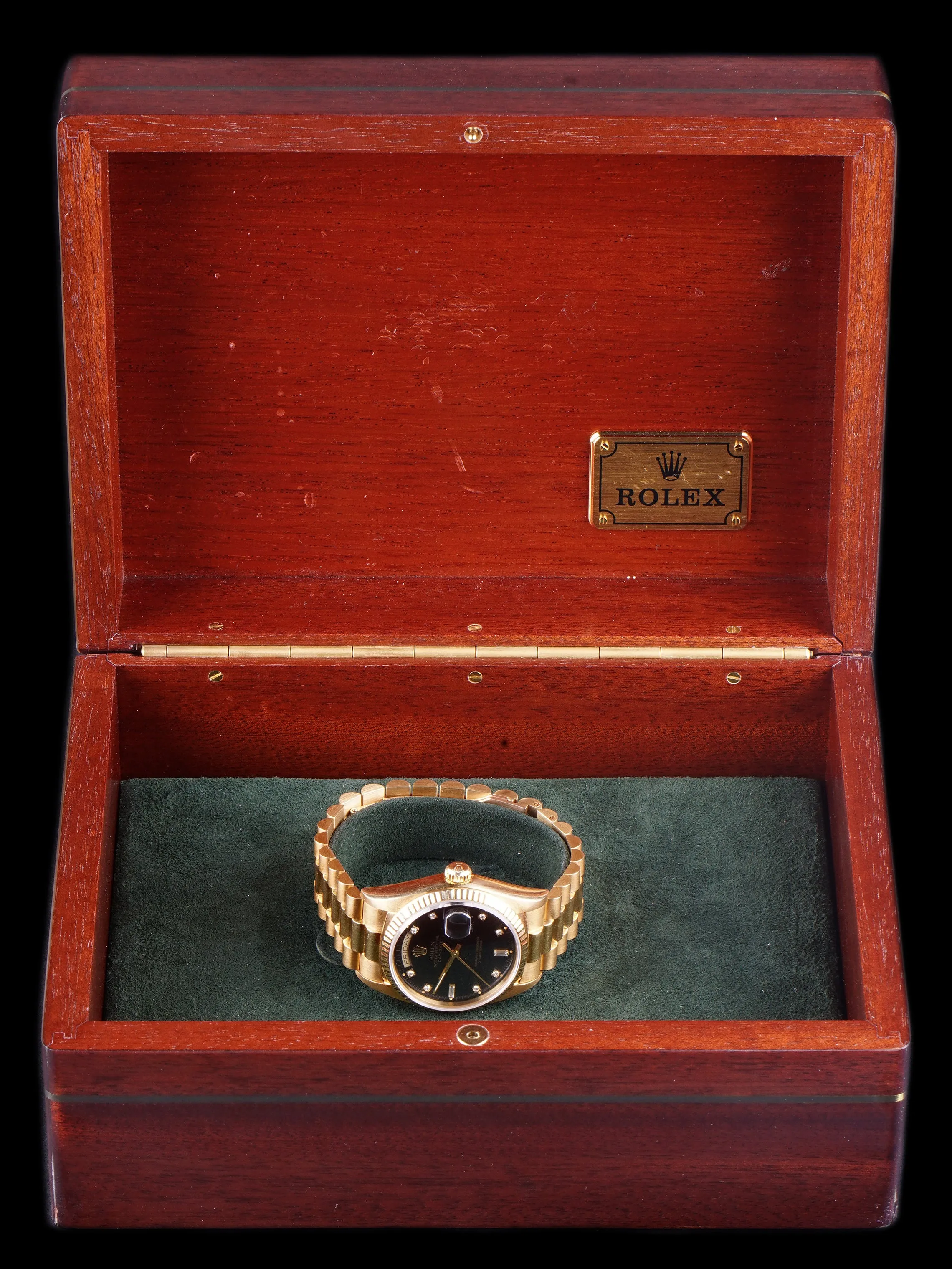 **Unpolished** 1987 Rolex Day-Date (Ref. 18038) Black Factory Diamond Dial With Box and Booklets