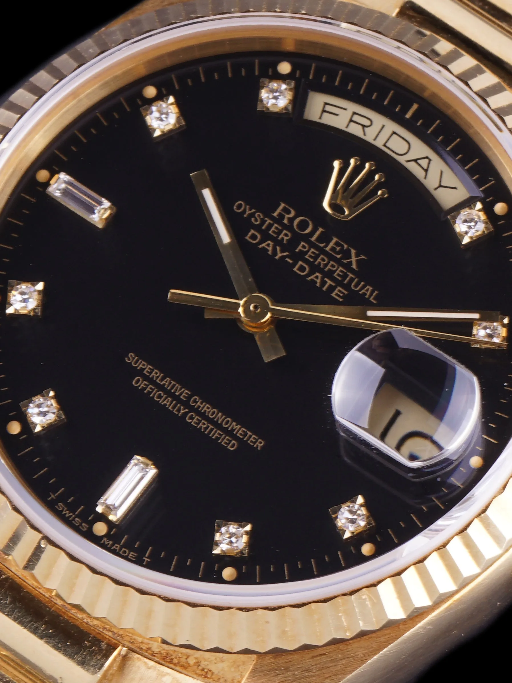 **Unpolished** 1987 Rolex Day-Date (Ref. 18038) Black Factory Diamond Dial With Box and Booklets
