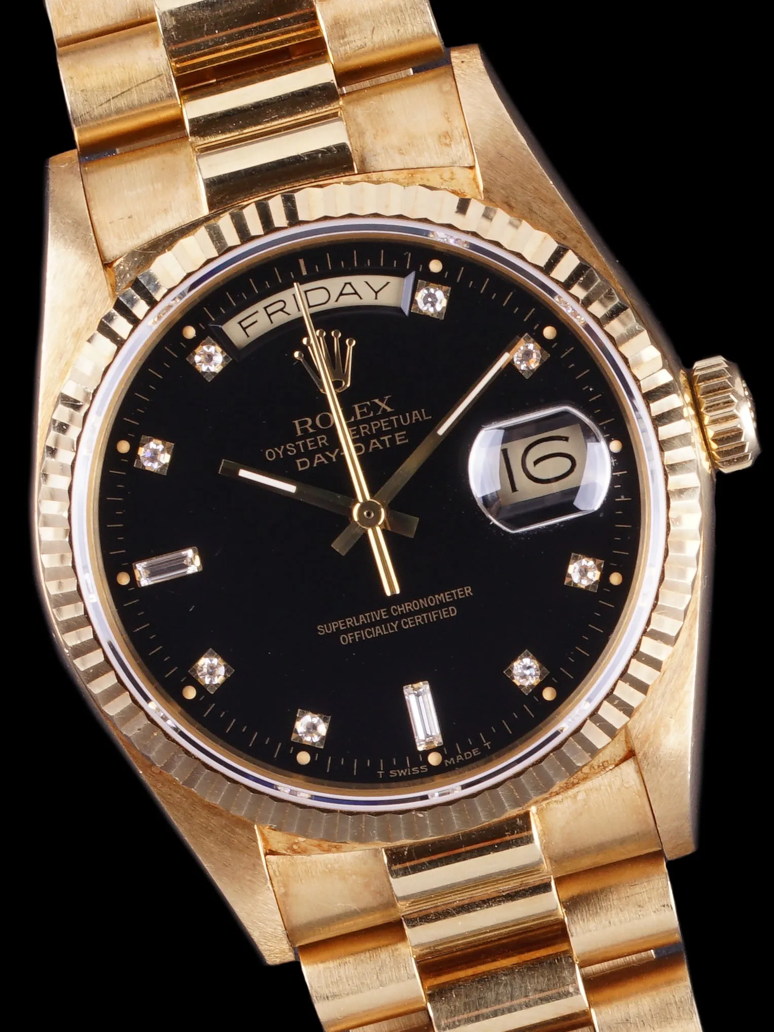 **Unpolished** 1987 Rolex Day-Date (Ref. 18038) Black Factory Diamond Dial With Box and Booklets