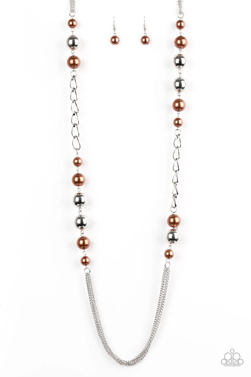 Uptown Talker - Brown - Pearl and Silver Bead Paparazzi Long Necklace