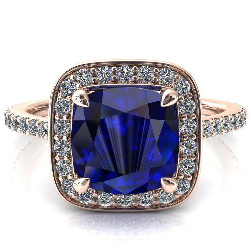 Valma Cushion Blue Sapphire Floating Diamond Halo and Sides Ring