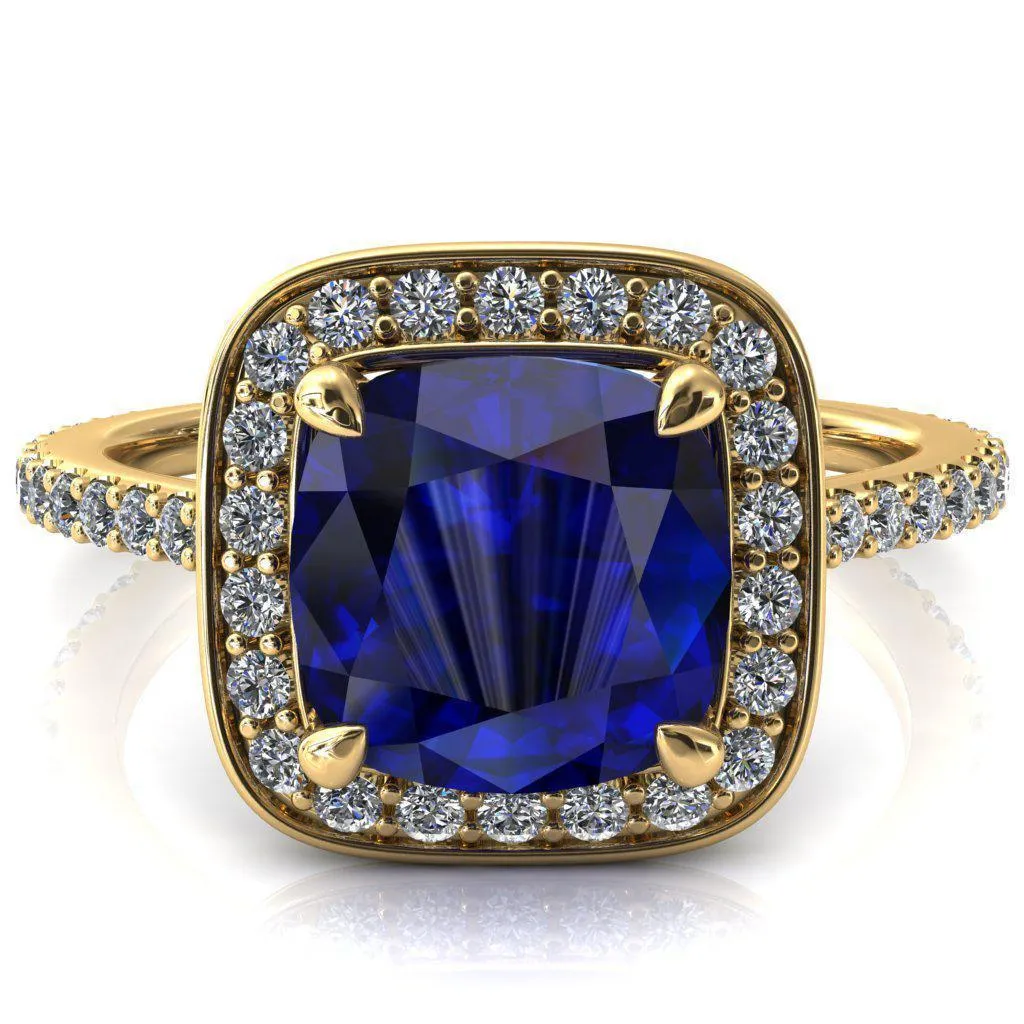 Valma Cushion Blue Sapphire Floating Diamond Halo and Sides Ring