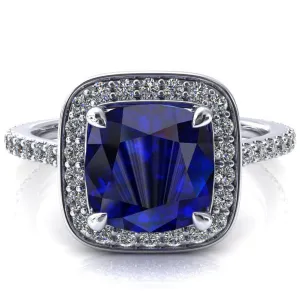 Valma Cushion Blue Sapphire Floating Diamond Halo and Sides Ring