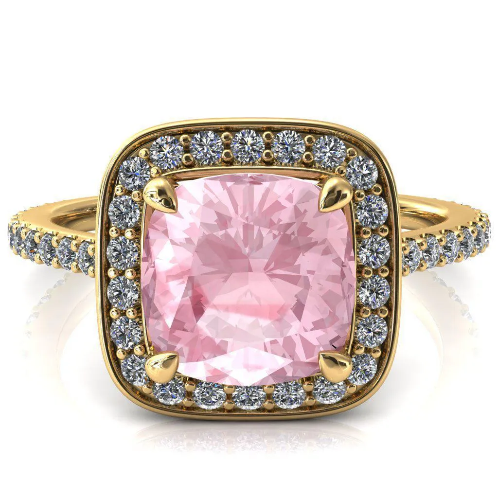 Valma Cushion Pink Sapphire Floating Diamond Halo and Sides Ring