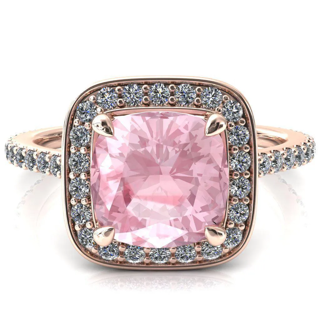 Valma Cushion Pink Sapphire Floating Diamond Halo and Sides Ring