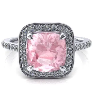 Valma Cushion Pink Sapphire Floating Diamond Halo and Sides Ring